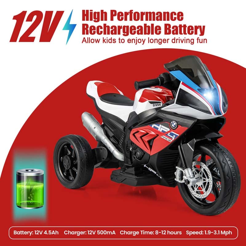 12V Licensed BMW Kids Ride on Motorcycle 3 Wheel Battery Powered Electric Riding Toy Trike with Light & Music