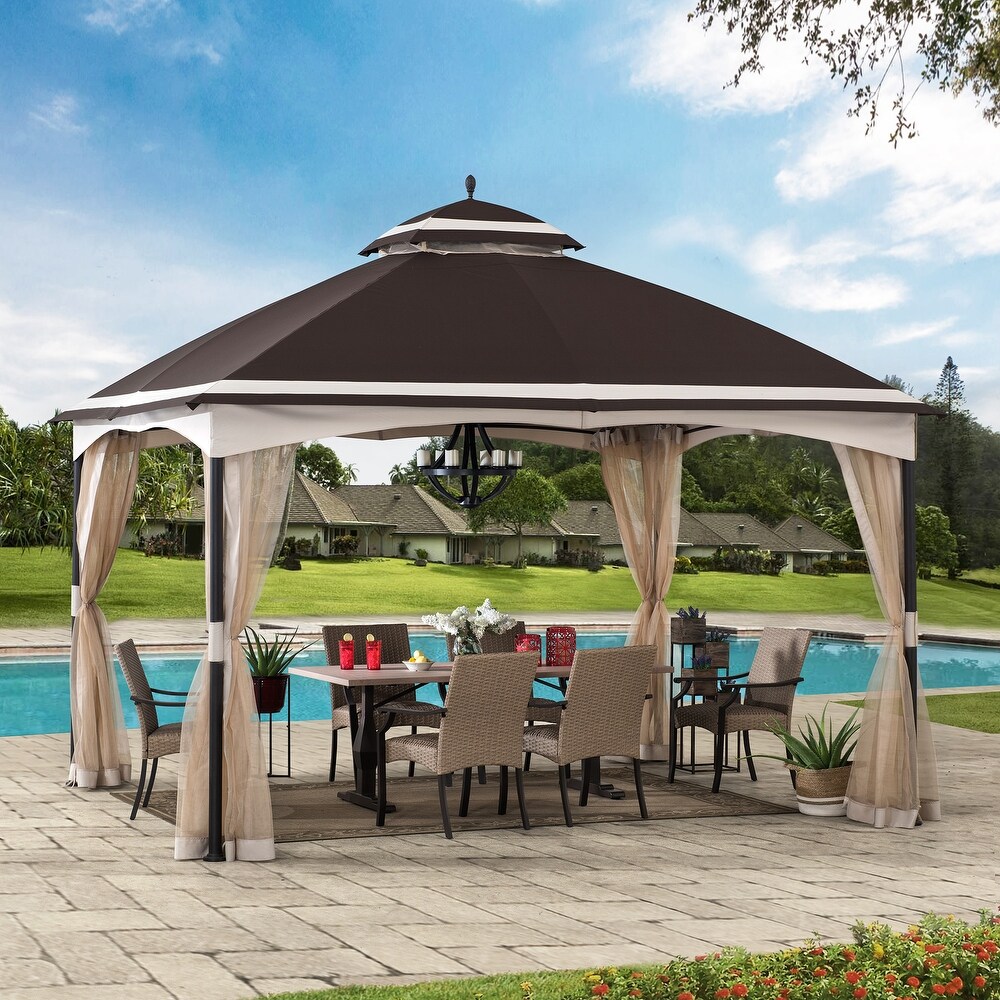 Sunjoy 10.5 ft. x 13 ft. Tan and Brown 2 tier Steel Gazebo