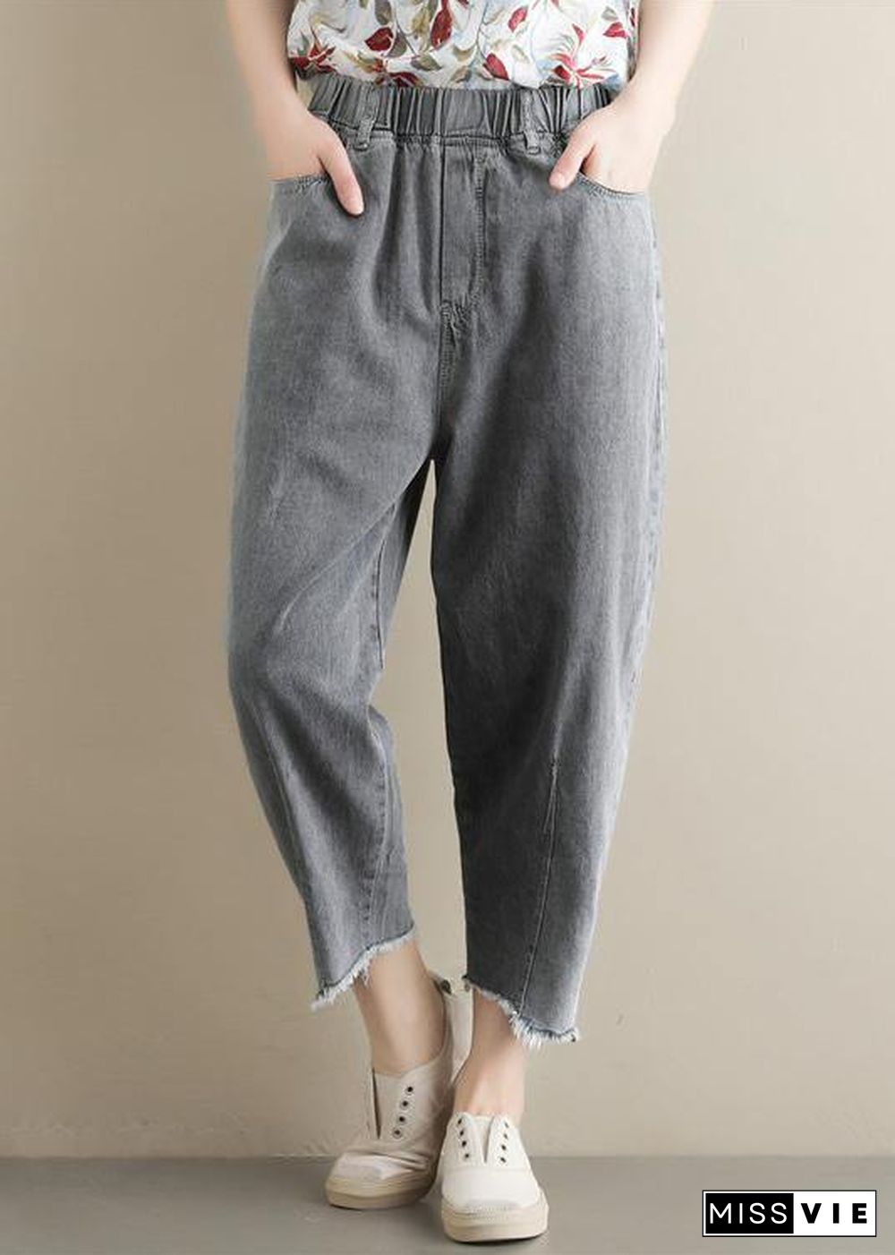 Summer new literary large size gray trousers loose elastic waist casual nine points jeans