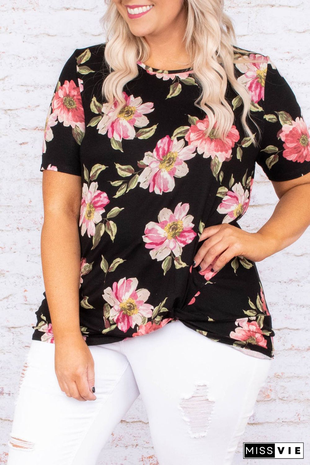 Black Plus Size Floral Print Twist Knot Top