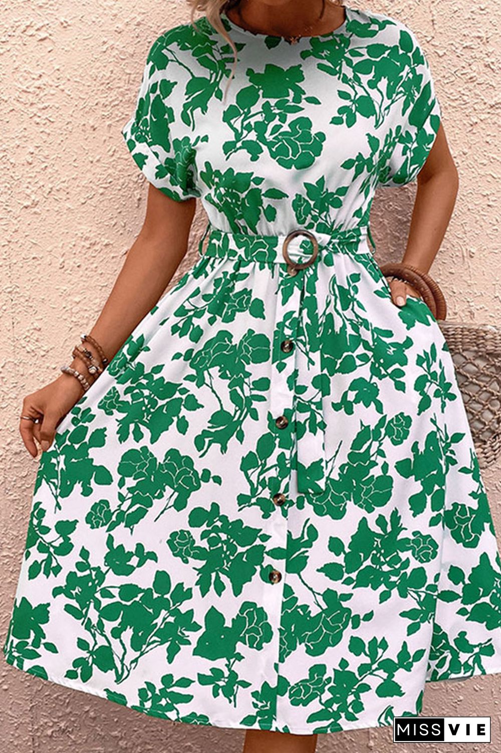 Green Flower Print Dress with Belt