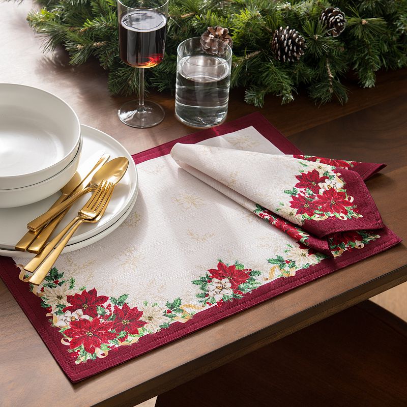 Elrene Home Fashions Poinsettia Garlands Engineered Napkins， Set of 4