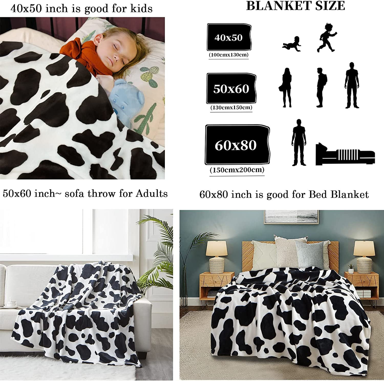 WISH TREE Fleece Cow Print Blanket Black and White Bed Cow Throws 40x50 inch