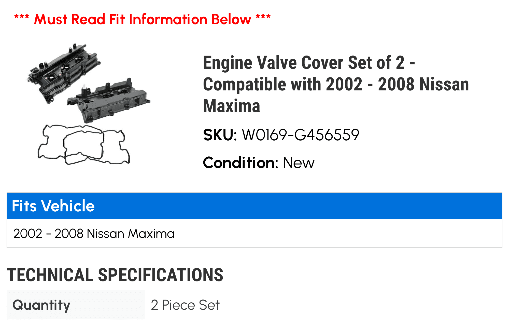 Engine Valve Cover Set of 2 - Compatible with 2002 - 2008 Nissan Maxima 2003 2004 2005 2006 2007