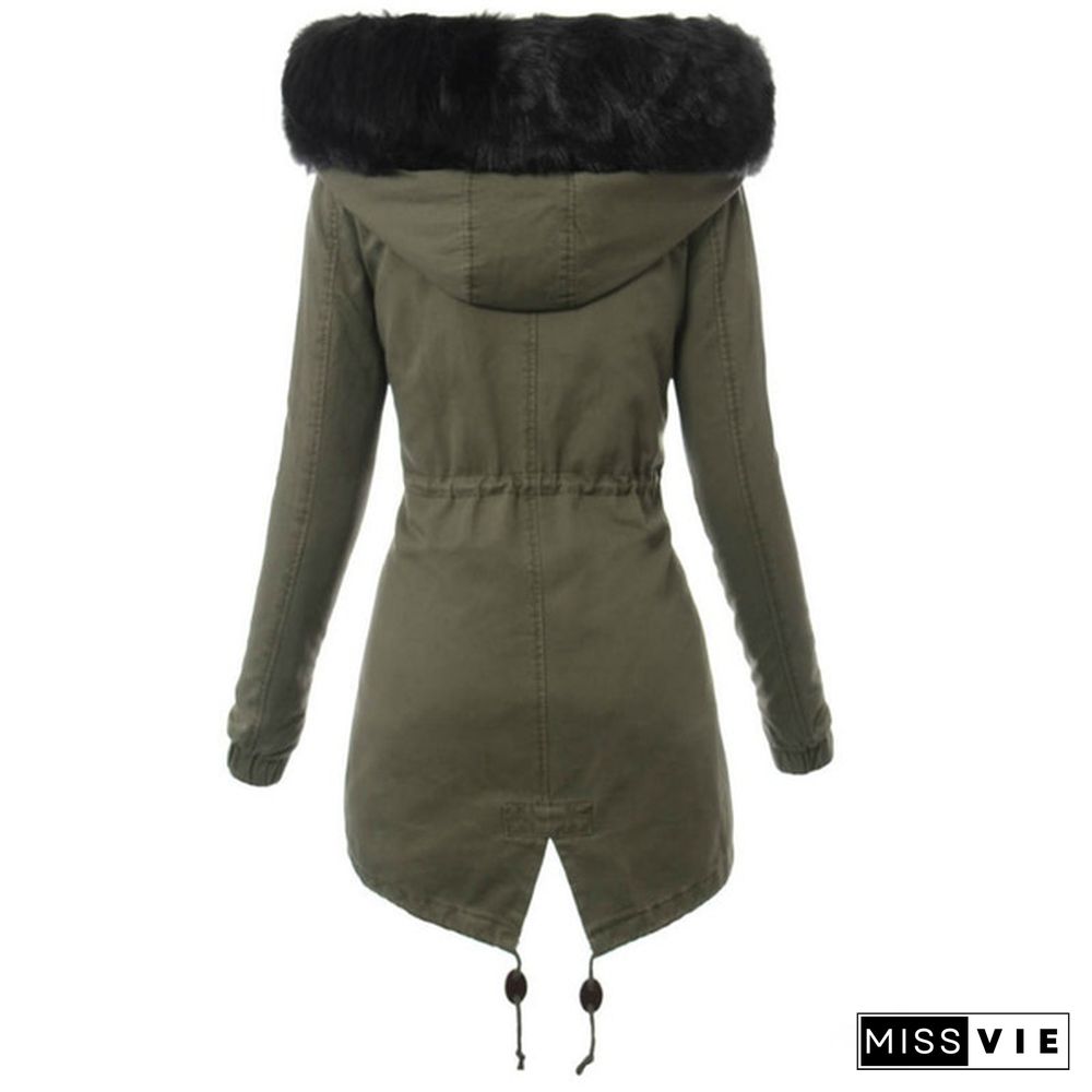 Winter Fashion Women Fur Collar Parka Jacket Fleece Lined Winter Warm Hooded Zipper Coats Military Outerwear