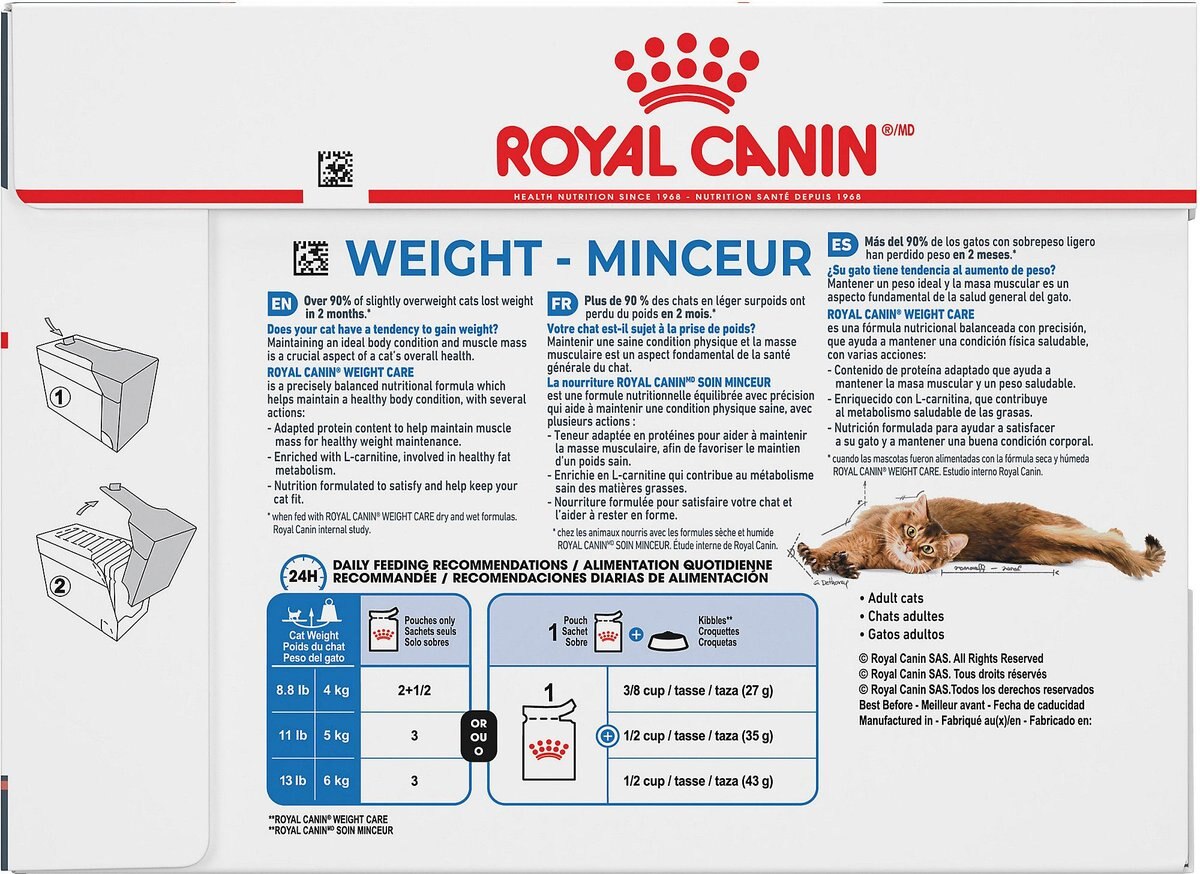 Royal Canin Feline Care Nutrition Weight Care Adult Chunks in Gravy Pouch Cat Food， 3-oz， case of 12