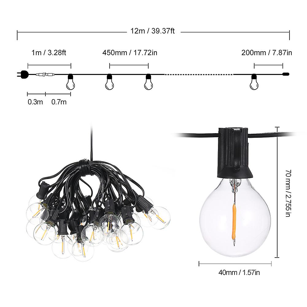 Tomshine 12m/39.37ft E12 Base G40 Led String Light With 25 Sockets and 28 Bulbs Ip45 Water-resistant Connectable Hanging Fairy Lights Indoor Outdoor Dec