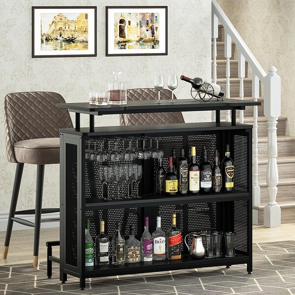 3 Tier Home Bar Unit， Wine Bar Table with Stemware Racks and Shelves