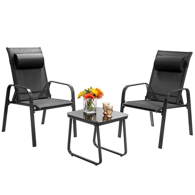 Costway 3pcs Patio Bistro Furniture Set Adjustable Back Stackable Chairs Brown black