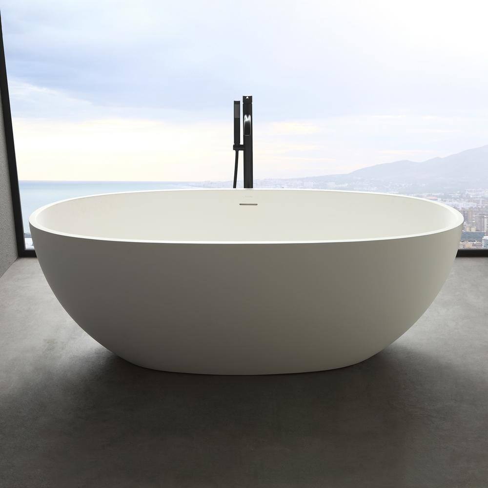 MEDUNJESS Eaton 65 in. Stone Resin Solid Surface Matte Flatbottom Freestanding Bathtub in White FS303-1650