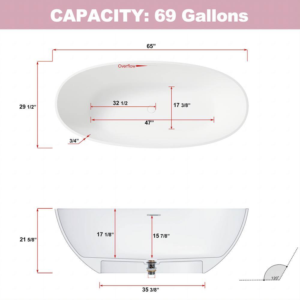 Abruzzo 65 in. x 29.5 in. Freestanding Soaking Solid Surface Bathtub with Center Drain in Matte White 22S06-65