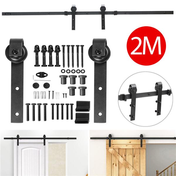 SmileMart Flat-tip Design Black Steel Single-door 6.6 ft Sliding Track Barn Door Hanging Hardware Kit， Set of Two Kits