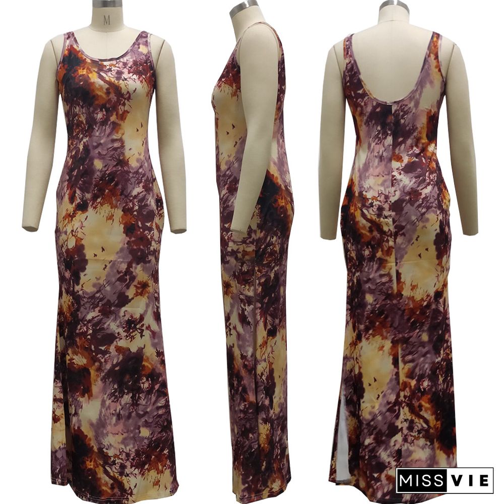 Hot Sales Women Summer New Tie Dye Print Sleeveless Bodycon Classic Beach Holiday Long Dresses