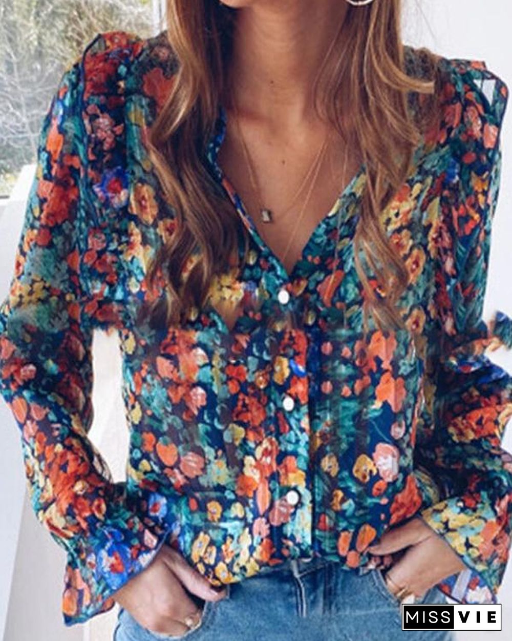 Plus Size Floral Print Casual Shirts Blouses