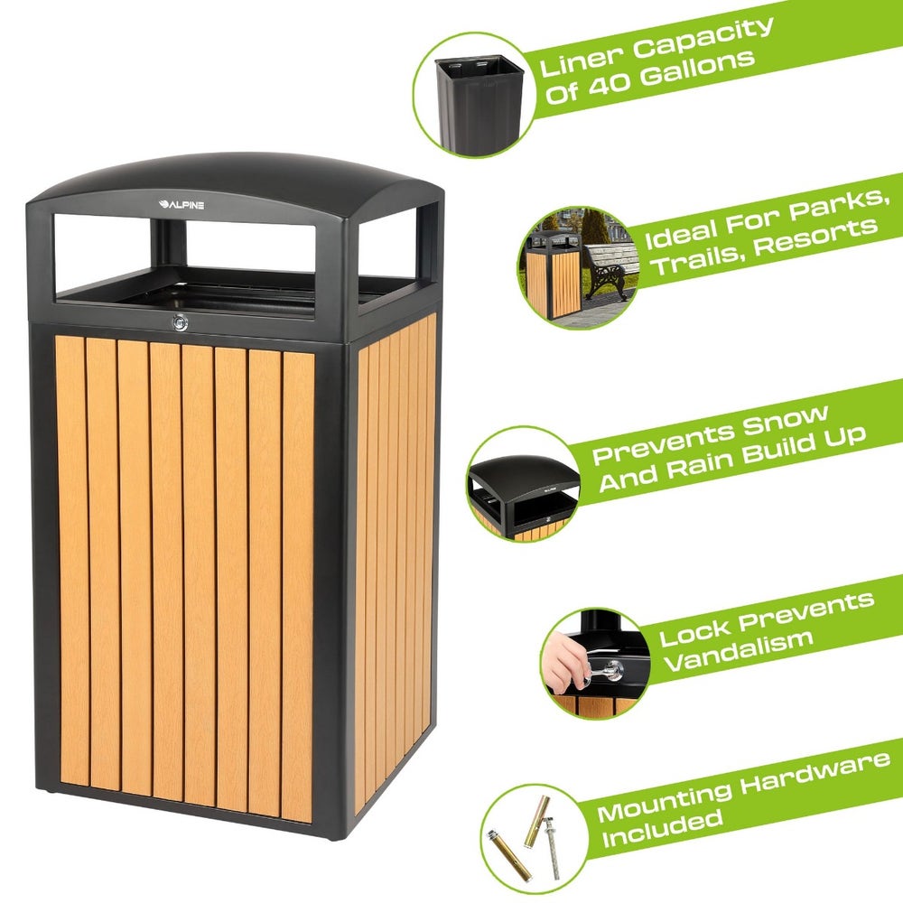 Alpine ALP471-40-WD-CD 40-Gallon Outdoor Trash Can with Slatted， Recycled Plastic Panels， Cedar