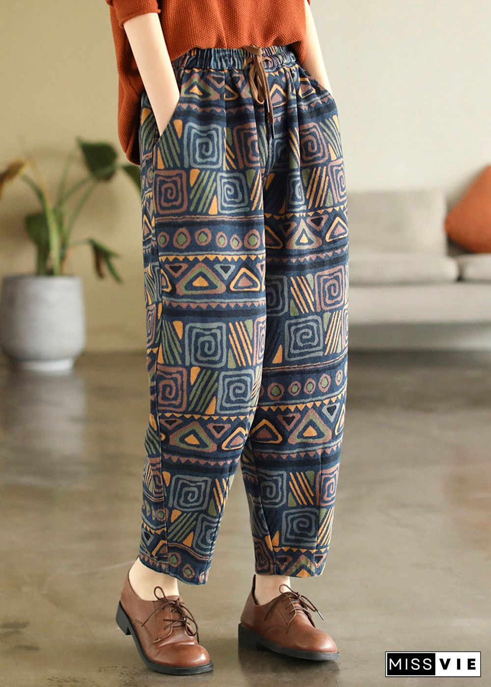 Bohemian Print Tie Waist Cotton Beam Pants Summer