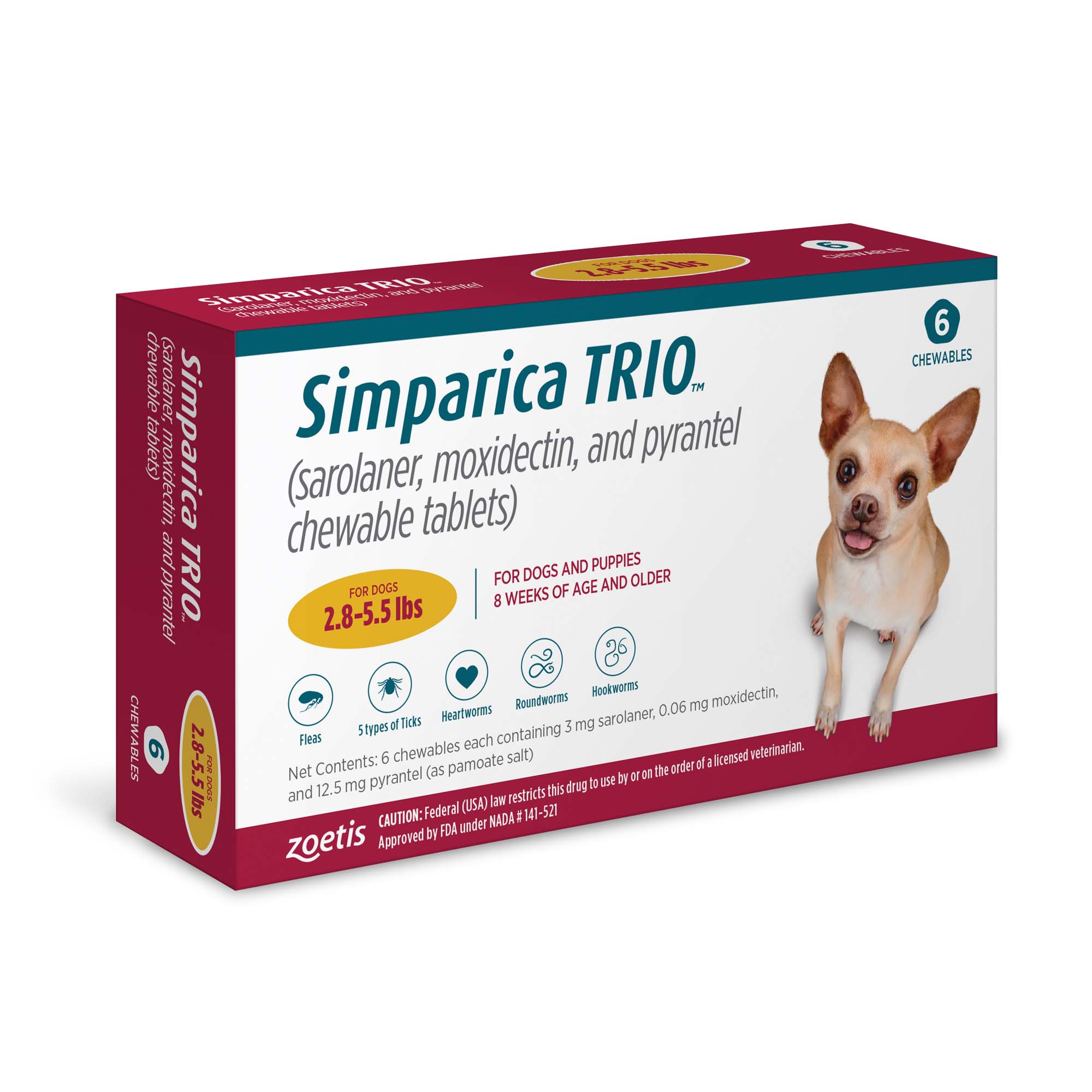 Simparica Trio 2.8-5.5 lbs. Dogs， 6 Month Supply