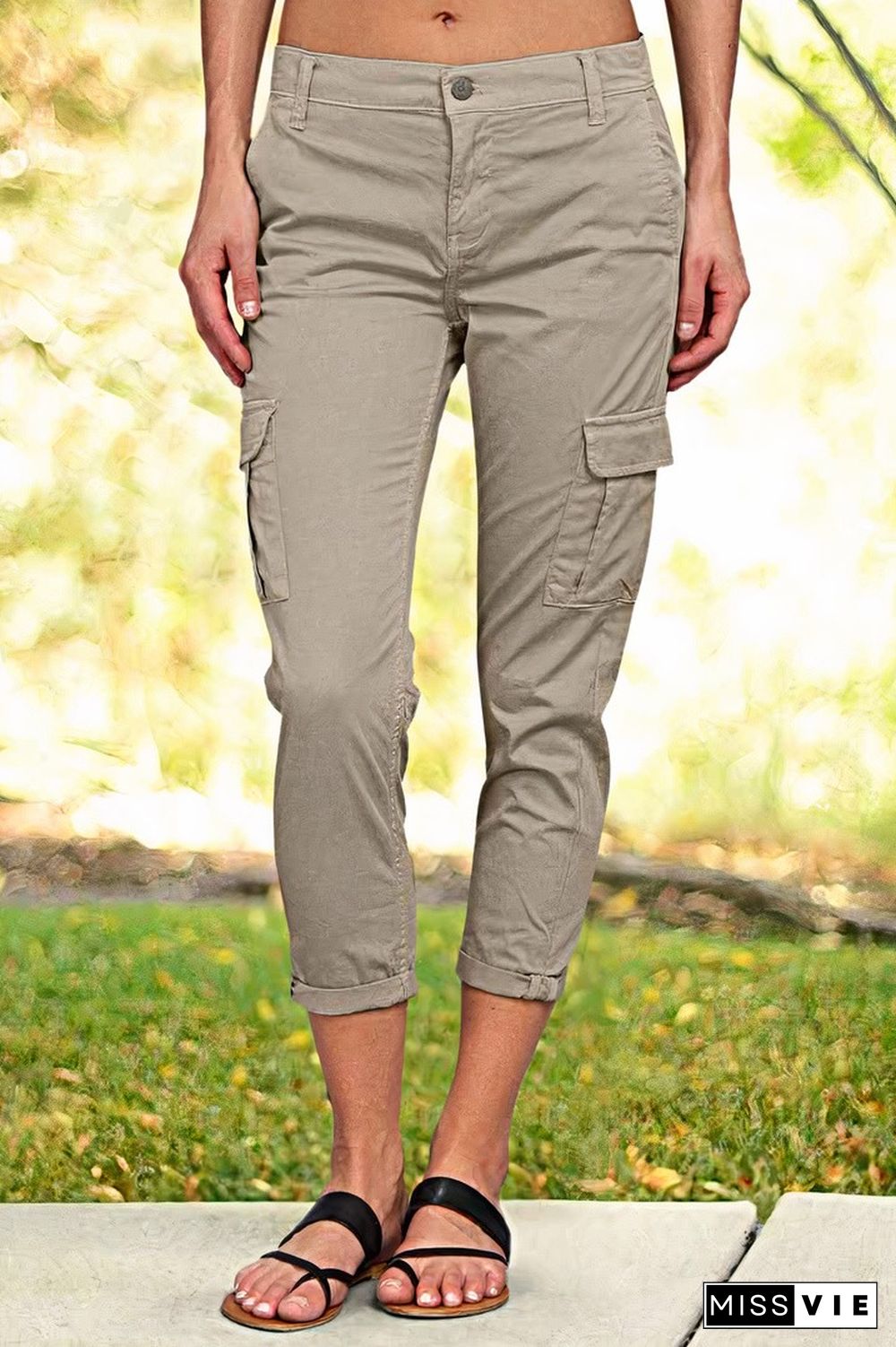 Flap Pocket Mid Waist Cropped Skinny Cargo Pants