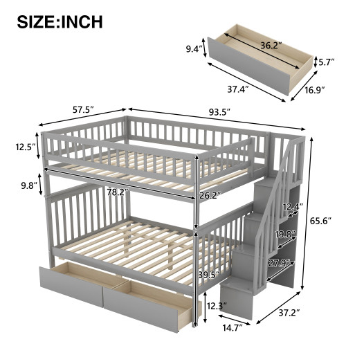 Full Over Full Bunk Bed with Two Drawers and Stora...