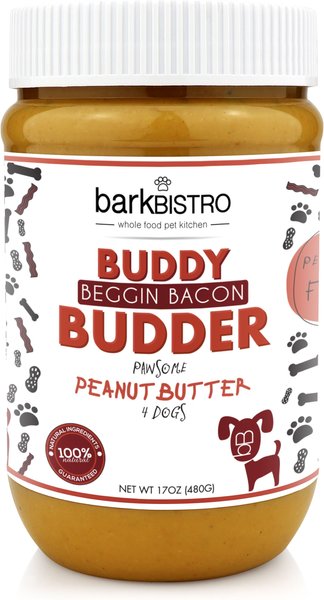 Bark Bistro Company Begging Bacon Buddy Budder Dog Lickable Treats， 17-oz jar