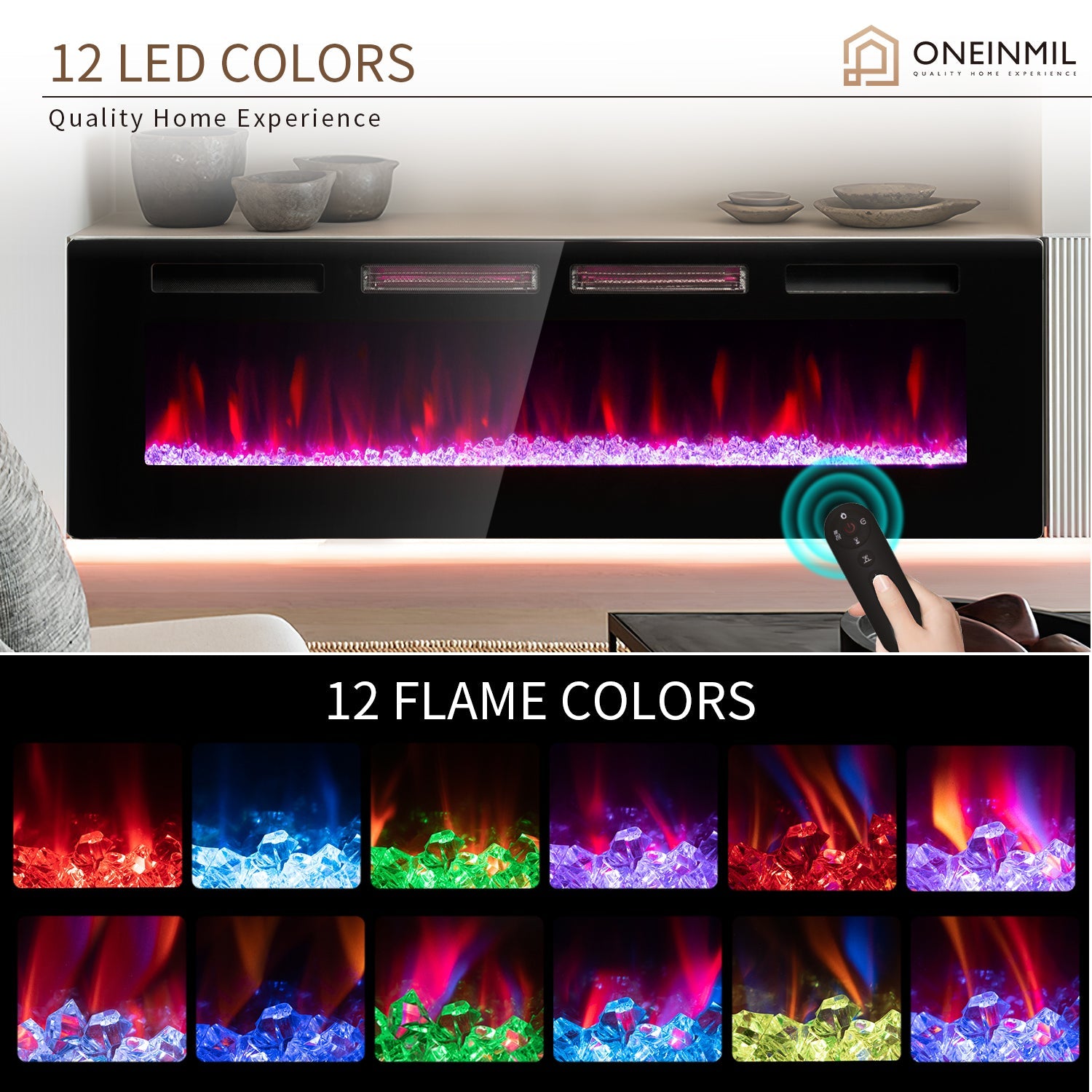 ONEINMIL 60" Electric Fireplace, Recessed 3.2'' Ultra Thin Wall-Mounted Heater w/Adjustable Flame Colors & Speed, Fireplace with Touch Screen and Remote Control