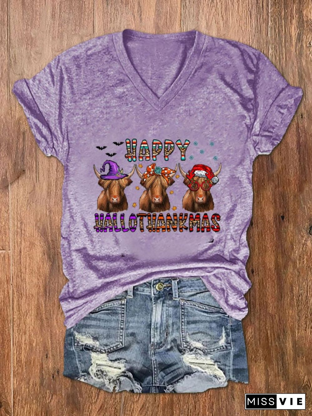 Women's Happy Hallothanksmas Funny Cows Print V-Neck T-Shirt