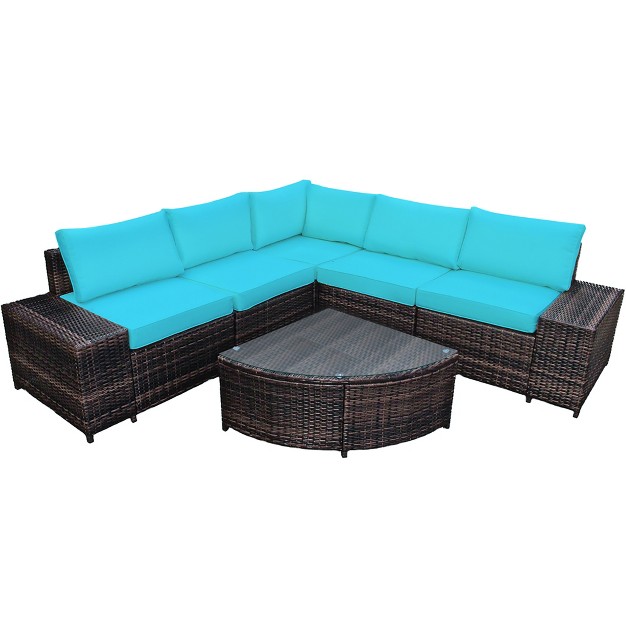 Costway 6pcs Rattan Furniture Set Conversation Cushioned Sofa Armrest Garden Turquoise white