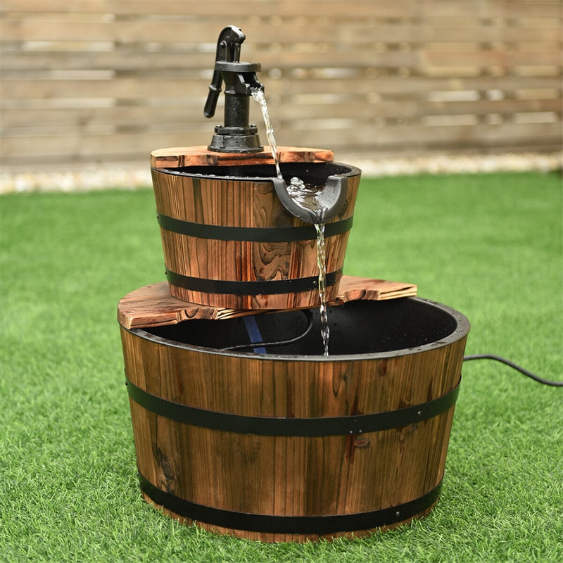 2-Tier Outdoor Barrel Waterfall Fountain with Hand Pump for Garden Backyard