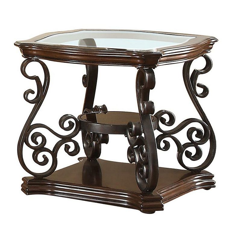 Traditional Solid End Table With Glass Inset， Metal Scrolls and 2 Shelves， Brown