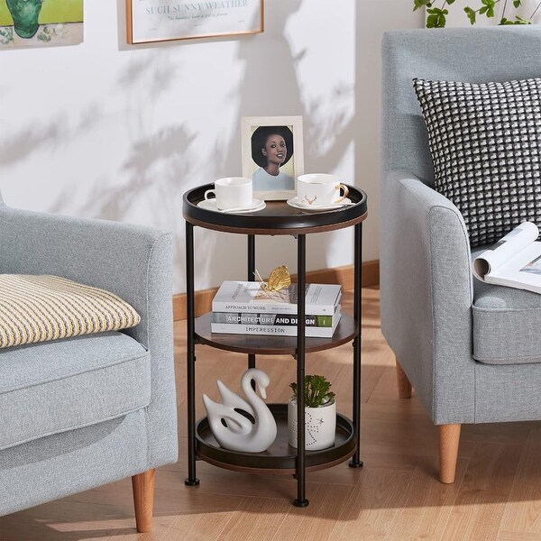 Round Industrial Sofa Table with 3 Storage Shelves，Rustic Brown