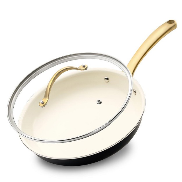 Nutrichef 8 Fry Pan With Lid Small Skillet Nonstick Frying Pan With Golden Titanium Coated Silicone Handle Ceramic Coating