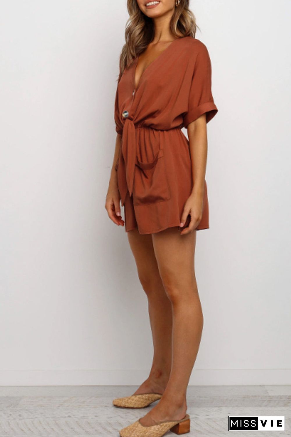 Solid Color Tie Up Pocket Romper