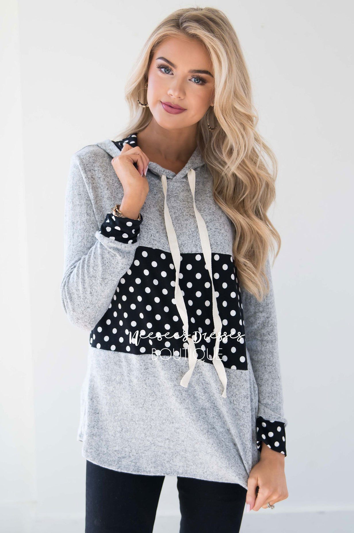 Soft Gray Hoodie with Black & White Polka Dots