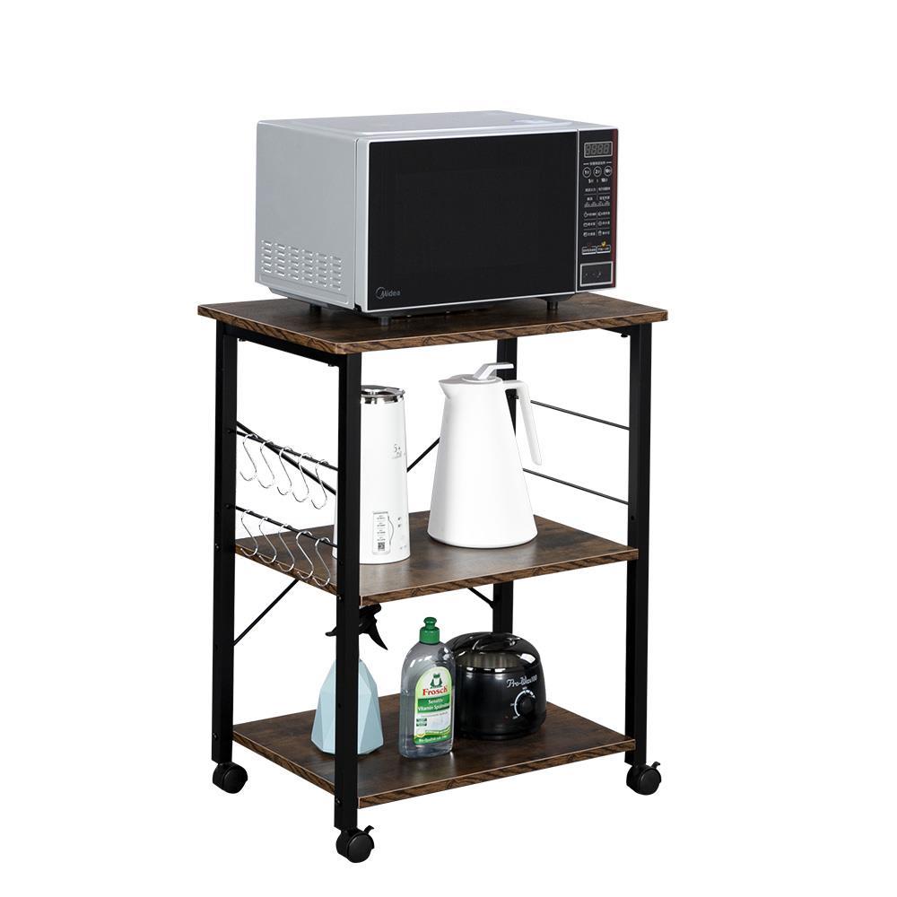 Winado 3-Tier Mobile Kitchen Serving Cart Microwave Oven Stand Kitchen Islands Bakers Rack with 10 Hooks for Living Room， Home， Office， Vintage/Black