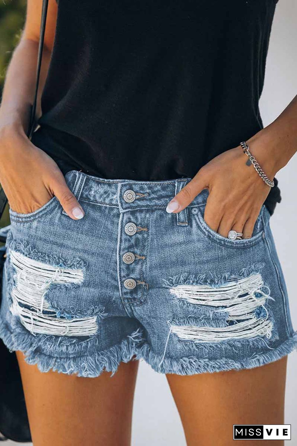 New Washed Frayed Mid-Waist Three-Point Denim Shorts