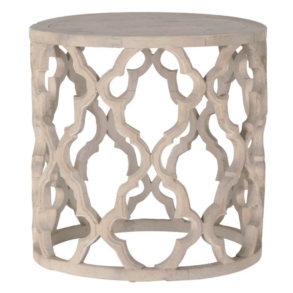 Round End Table In Wood With Quatrefoil Design， Brown