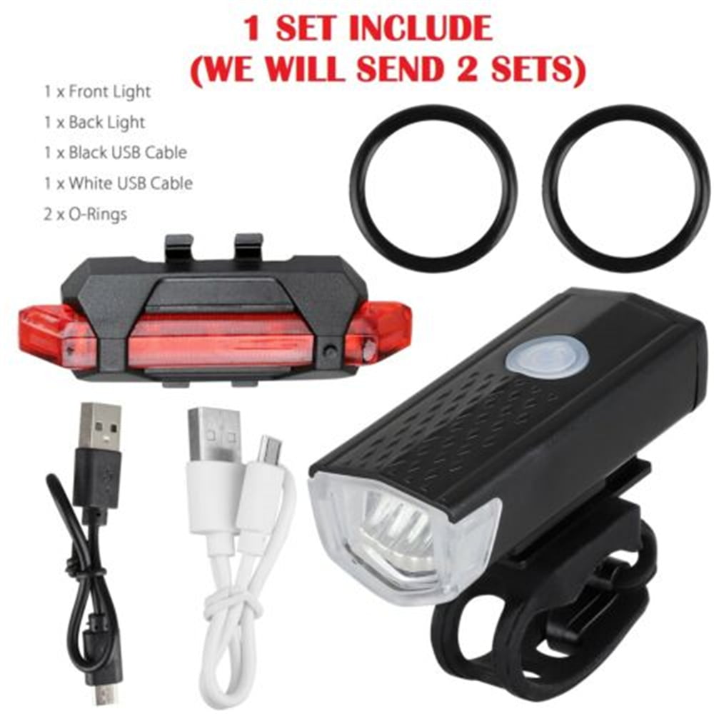 300 Lumen USB Rechargeable Bike Light， LED Bike Headlight and Taillight Set Super Bright Bicycle Light IPX5 Waterproof Powerful Safety Flashlight for Riding Hiking Camp Cycling Mountain Street Road-2pks