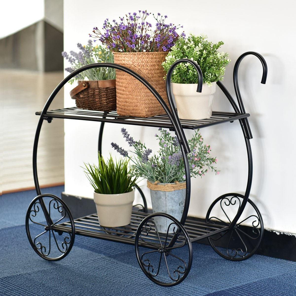 2-Tier Parisian Style Metal Garden Plant Stand with 4 Decorative Wheels