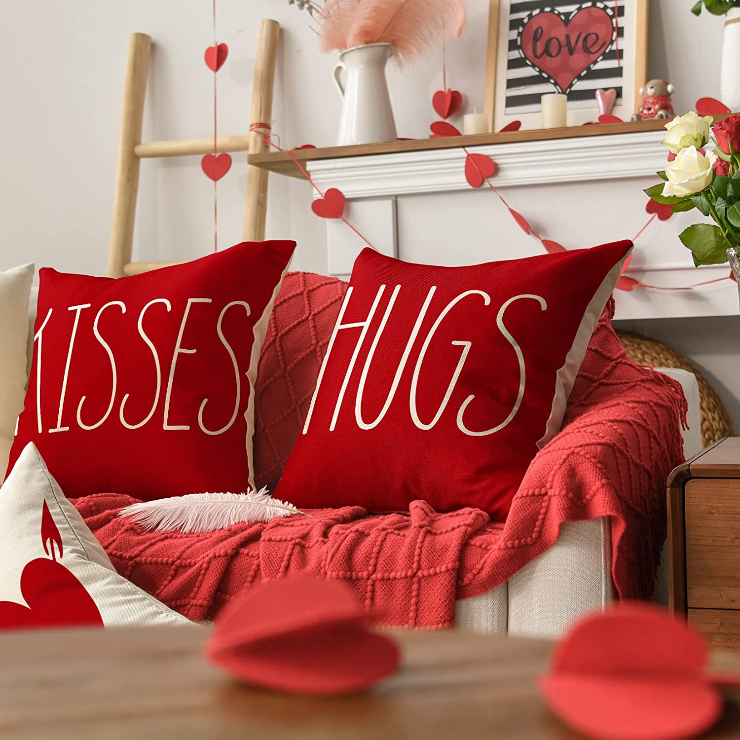 Artoid Mode Love Heart Kisses Hugs XOXO Valentine's Day Throw Pillow Cover 18 x 18 Set of 4 Decorative Farmhouse Outdoor Pillow Case Red Off White