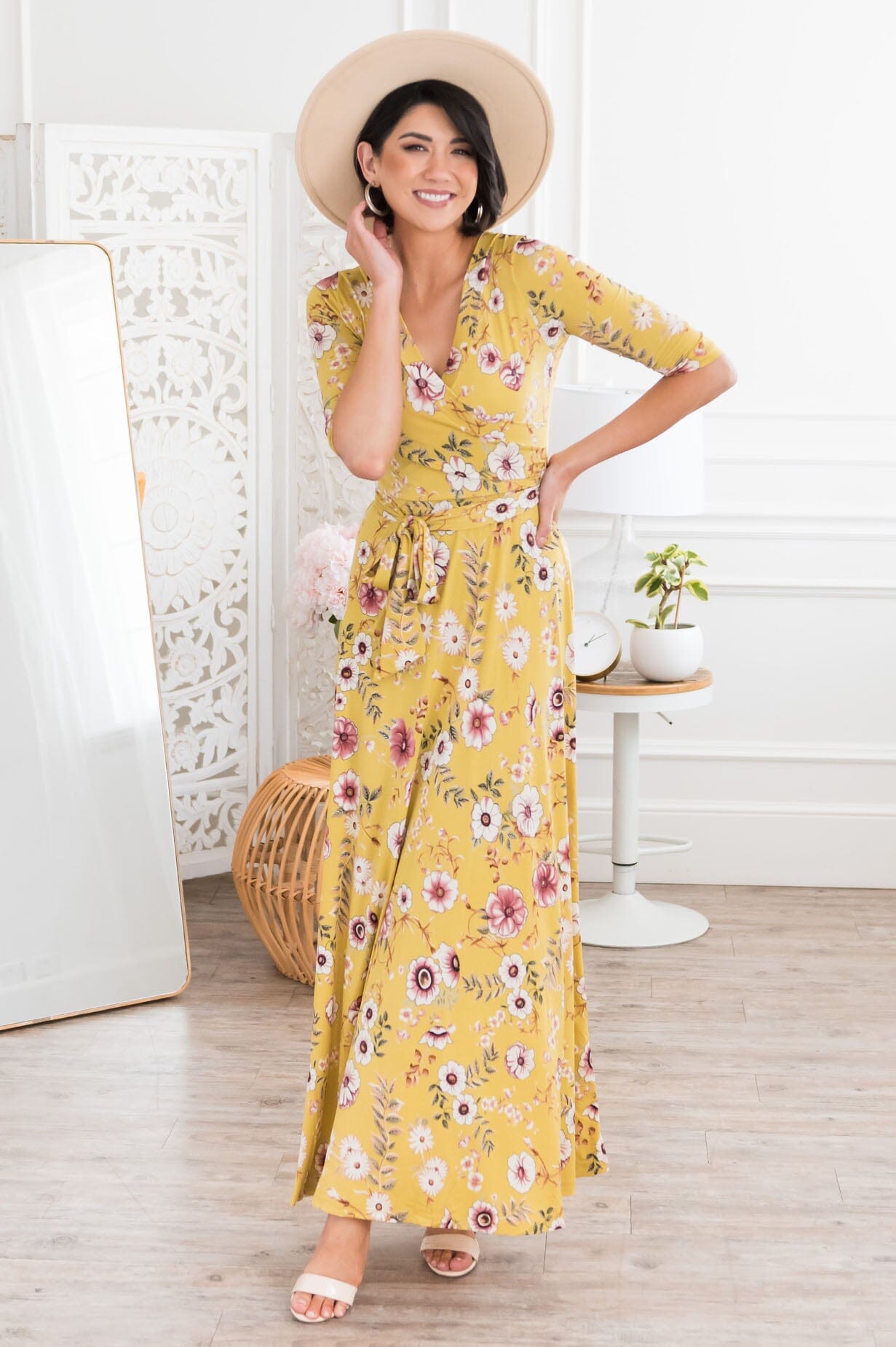 Crystal honey mustard floral plain dress