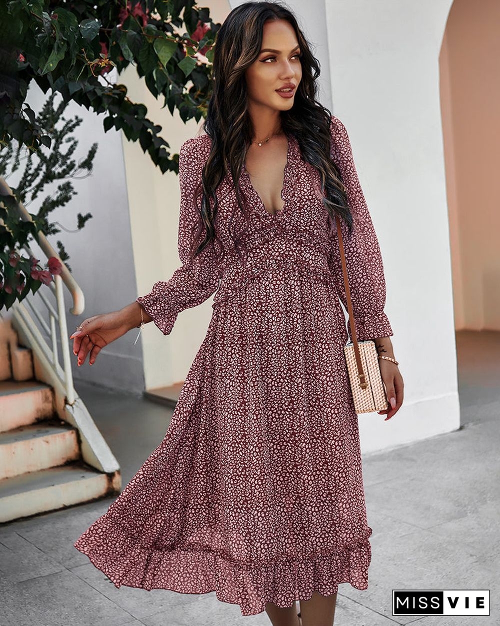 Deep V Neck Floral Long Sleeve Ruffle Hem Maxi Dress