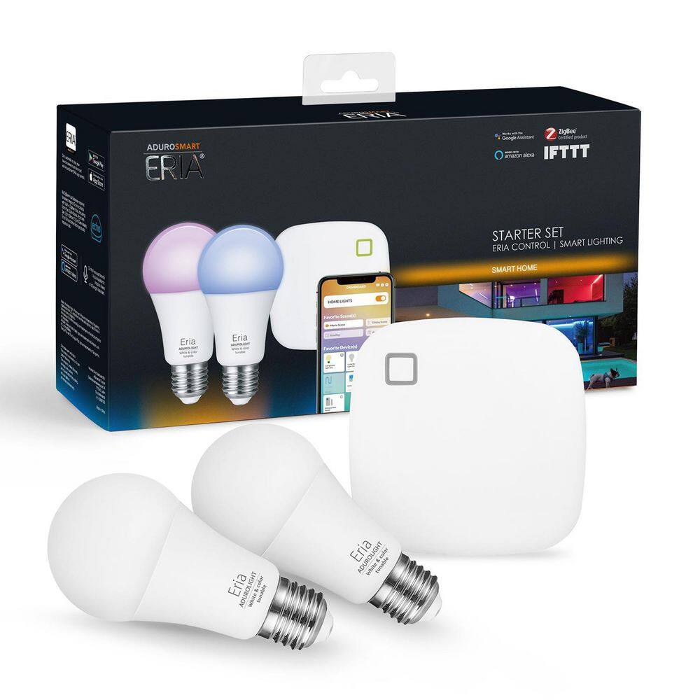 AduroSmart ERIA Colors and White Shades Smart Wireless Lighting Starter Kit A19 LED 60W Equivalent CRI 90+ (2 Bulbs and Hub) 81890