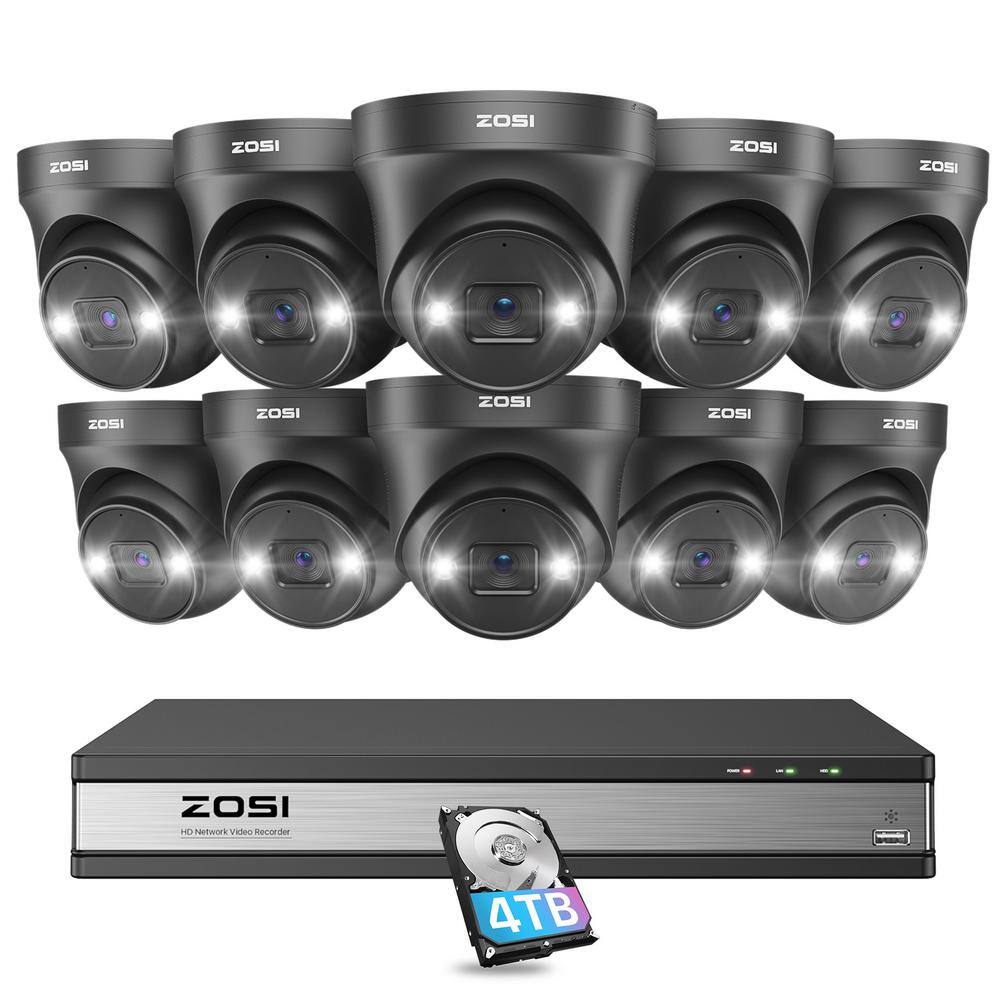 ZOSI 4K Ultra HD 16-Channel POE 4TB NVR Security Camera System with 10 Wired 8MP Spotlight Cameras AI Human Car Detection 16SK-2258AB10-40-US-A2