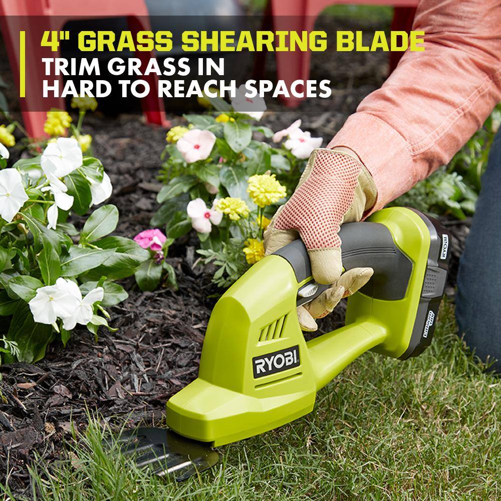 RYOBI ONE+ 18V Cordless Battery Grass Shear and Shrubber Trimmer with 1.3 Ah Battery and Charger P2910