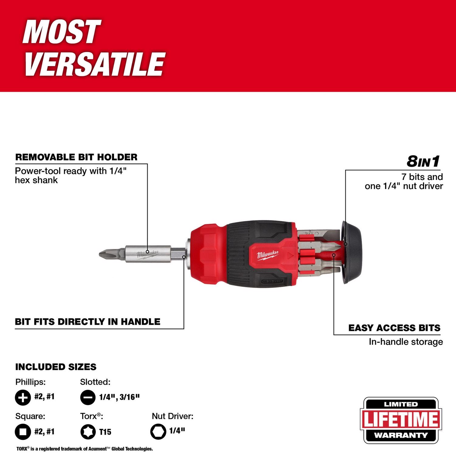 MW Hex Shank 8-in-1 Compact Multi-Bit Screwdriver 4.69 in. 1 pc