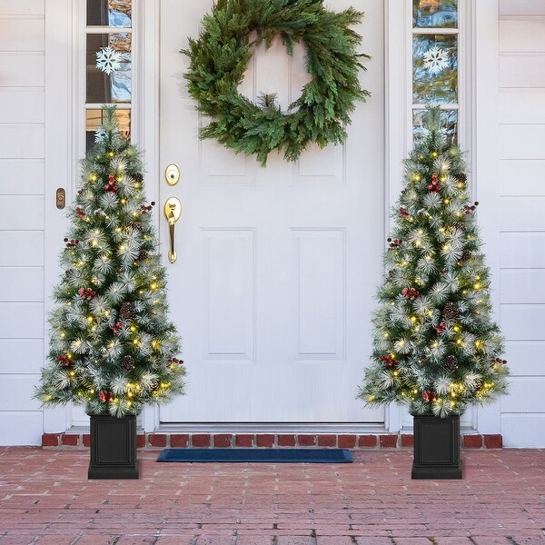 Glitzhome 4ft/5ft/6ft PreLit Pine Artificial Christmas Porch Tree with Decorative Urn Pot