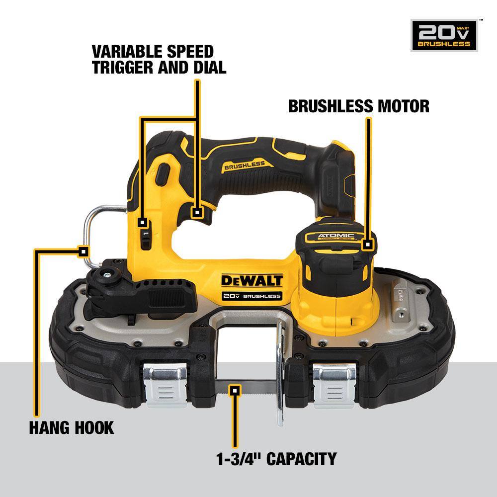 DW ATOMIC 20V Brushless Cordless Compact 12 in. DrillDriver 20V 1-34 in. Bandsaw  20V POWERSTACK Battery Starter Kit DCD708BW377034C