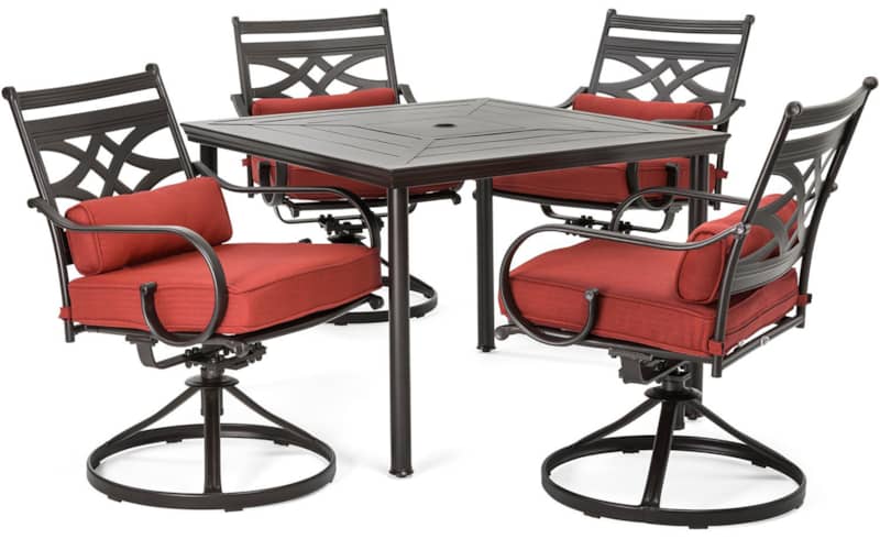 Hanover Montclair 5-Piece Outdoor Dining Set In Chili Red/Brown With 4 Swivel Rockers， 40 Square Dining Table