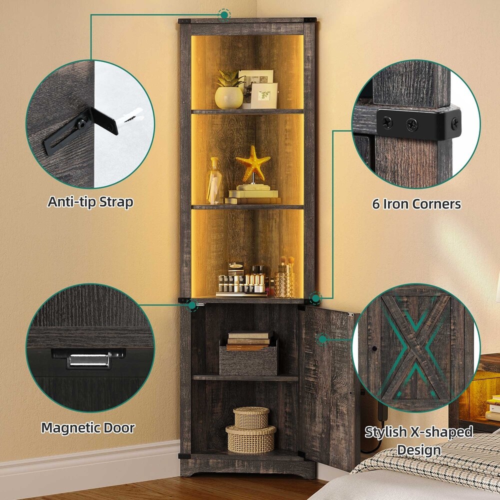 Moasis LED Corner Storage Cabinet with Light Farmhouse Tall Corner Cabinet with Barn Door Design