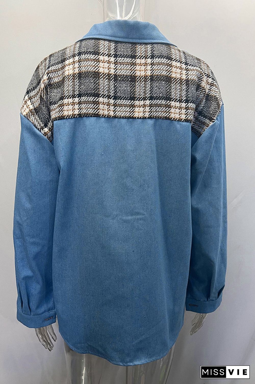 Plaid Splicing Open Button Denim Jacket